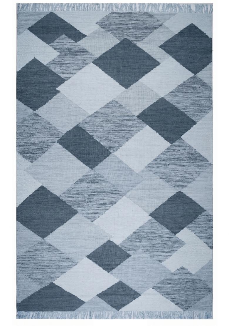 Saffron Rugs Flat Woven Blue Grey Geometric Contemporary Rectangular Wool Area Rug - Indya