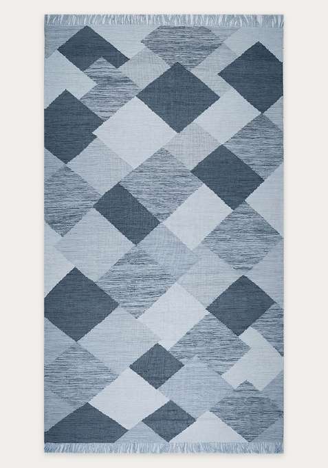 100% Wool Handmade Blue Grey Rug | Contemporary Geometric Flat Weave Reversible Carpet For Living Room