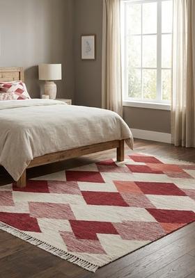 Saffron Rugs Flat Woven Red and Cream  Bohemian Rectangular Wool Area Rug
