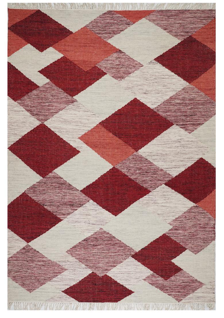 Saffron Rugs Flat Woven Red and Cream  Bohemian Rectangular Wool Area Rug - Indya