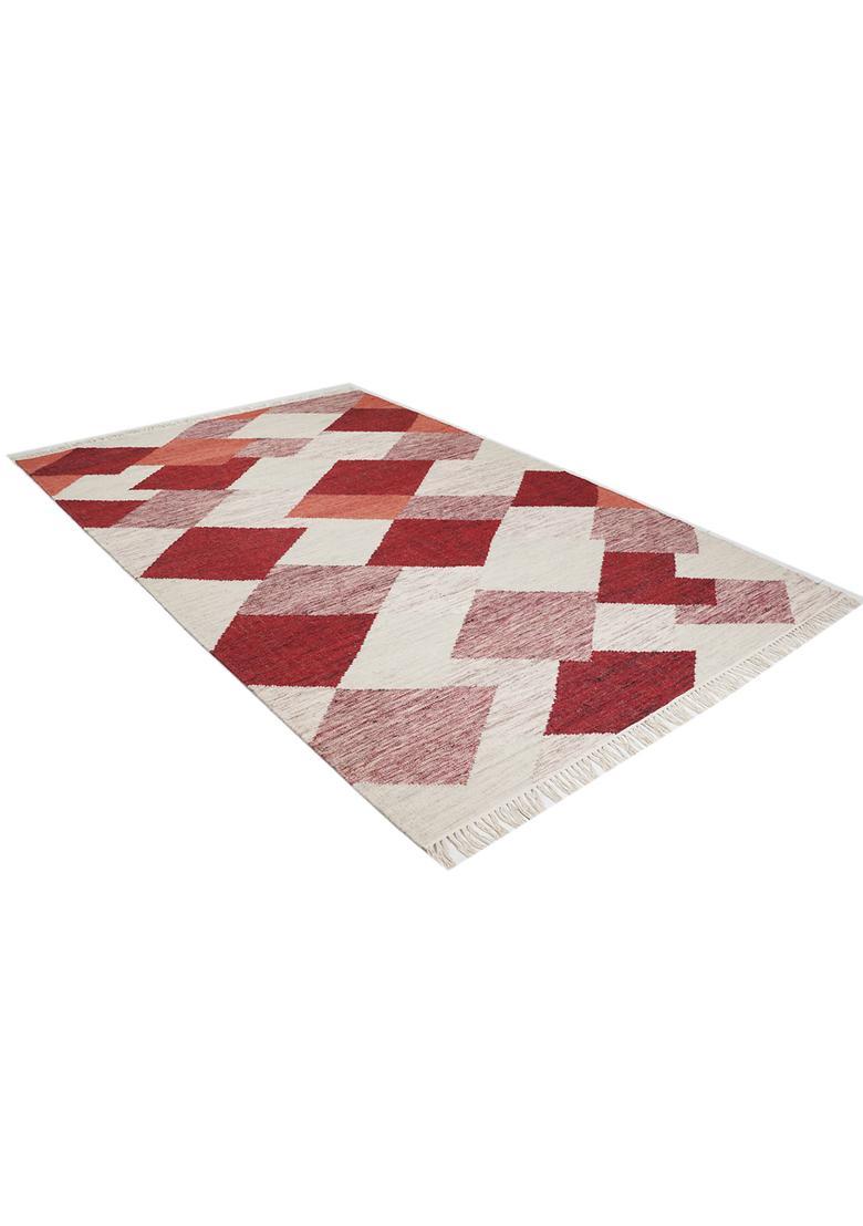 Saffron Rugs Flat Woven Red and Cream  Bohemian Rectangular Wool Area Rug - Indya