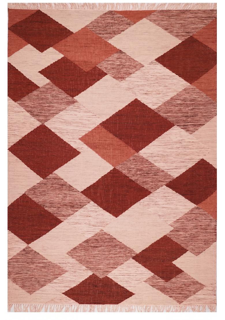 Saffron Rugs Flat Woven Terracotta  Bohemian Rectangular Wool Area Rug - Indya