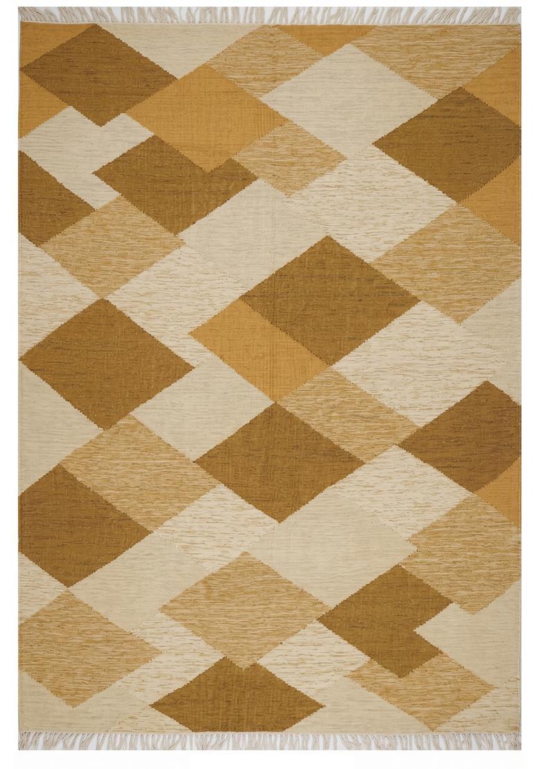 Saffron Rugs Flat Woven Mustard Brown  Bohemian Rectangular Wool Area Rug - Indya