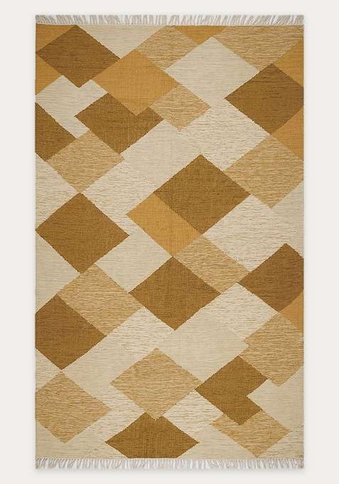 100% Wool Handmade Mustard Brown Rug | Bohemian Aztecs Flat Weave Reversible Carpet For Living Room