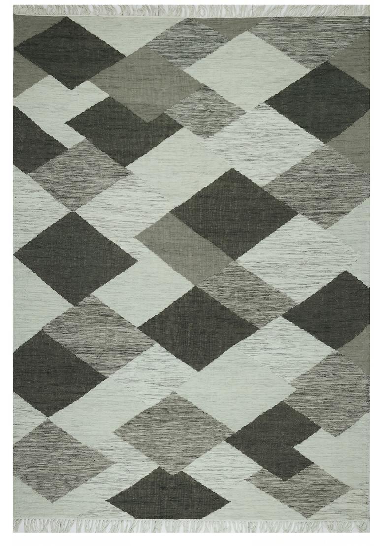 Saffron Rugs Flat Woven Grey  Bohemian Rectangular Wool Area Rug - Indya