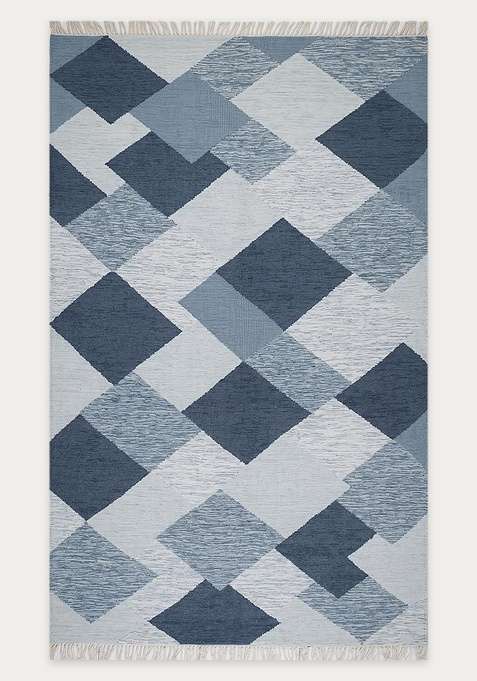 100% Wool Handmade Blue Grey Rug | Bohemian Aztecs Flat Weave Reversible Carpet For Living Room