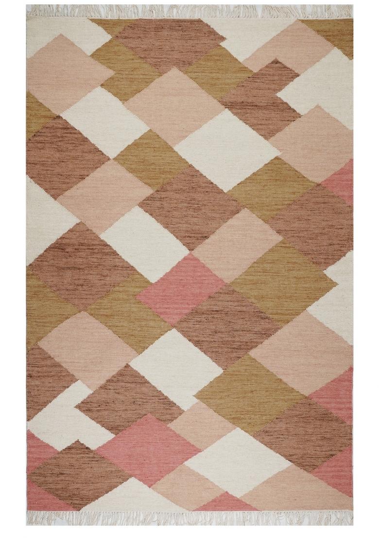Saffron Rugs Flat Woven Multicolor Pink Brown Geometric Boho Rectangular Wool Area Rug - Indya