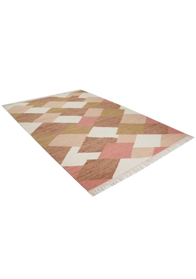 Saffron Rugs Flat Woven Multicolor Pink Brown Geometric Boho Rectangular Wool Area Rug - Indya