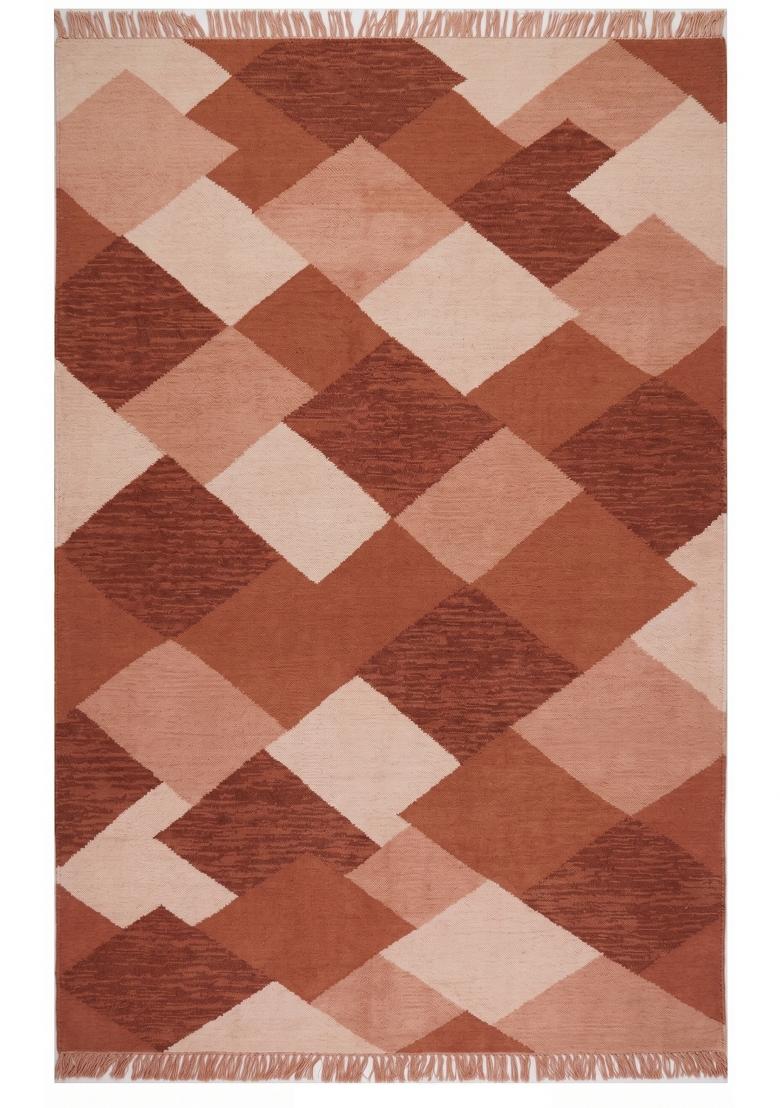 Saffron Rugs Flat Woven Terracotta Geometric Boho Rectangular Wool Area Rug - Indya