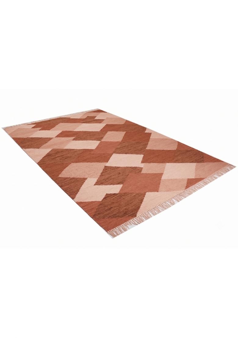 Saffron Rugs Flat Woven Terracotta Geometric Boho Rectangular Wool Area Rug - Indya