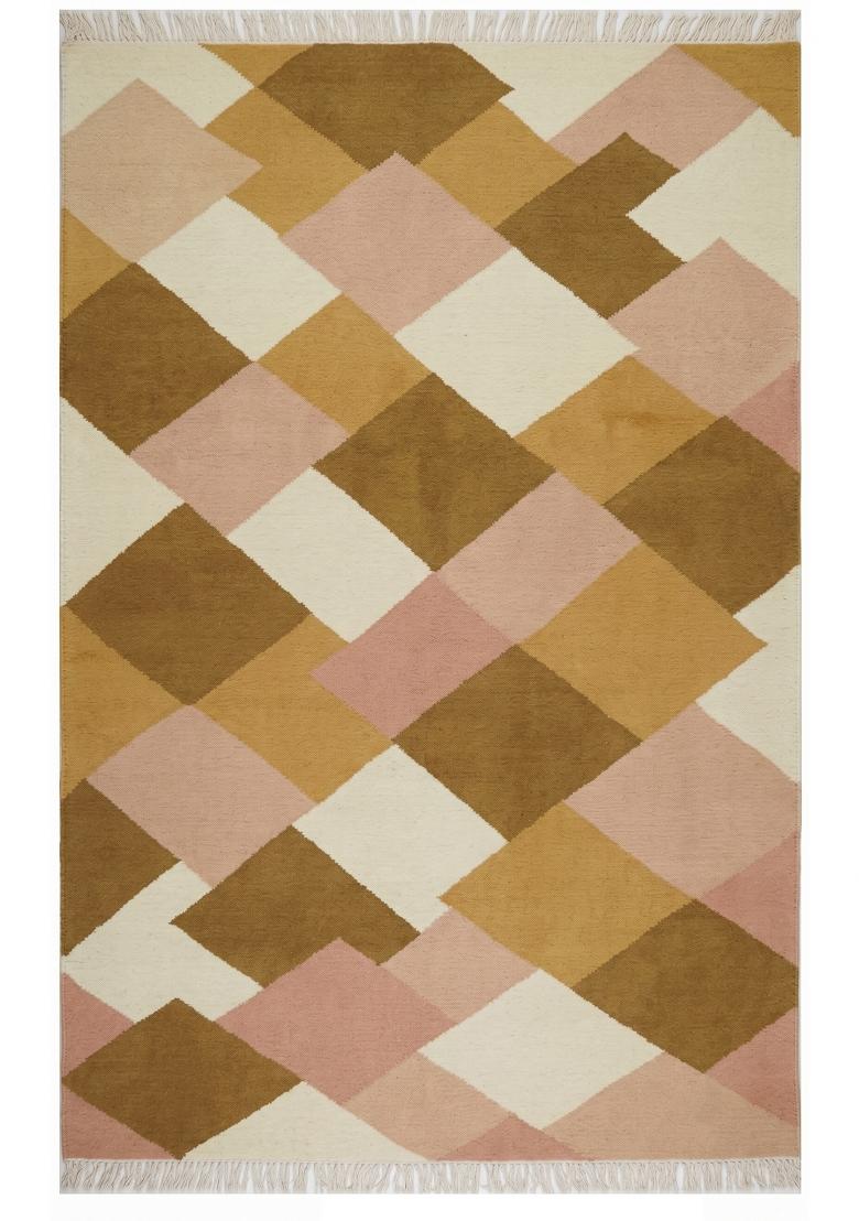 Saffron Rugs Flat Woven Pink Brown Gold Geometric Boho Rectangular Wool Area Rug - Indya