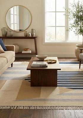 Saffron Rugs Flat Woven Beige and Navy Geometric Contemporary Rectangular Wool Area Rug