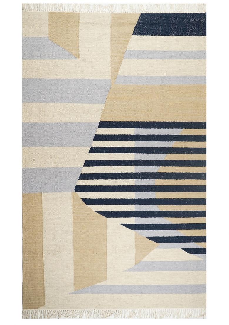 Saffron Rugs Flat Woven Beige and Navy Geometric Contemporary Rectangular Wool Area Rug - Indya