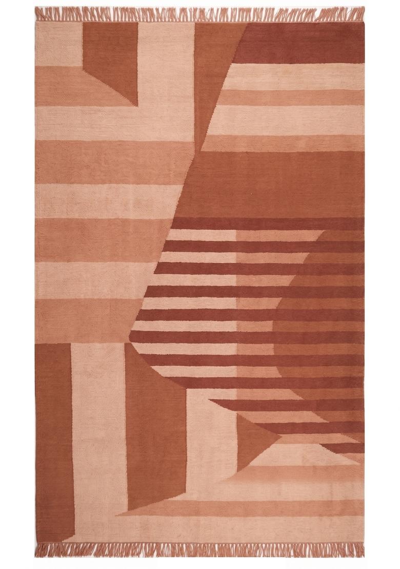 Saffron Rugs Flat Woven Terracotta Pink Geometric Contemporary Rectangular Wool Area Rug - Indya