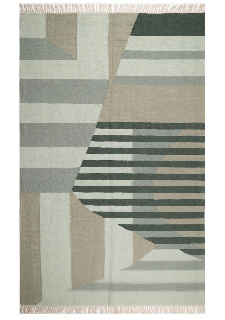 Saffron Rugs Flat Woven Sage Green Geometric Contemporary Rectangular Wool Area Rug - Indya