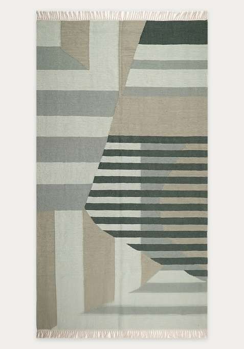 100% Wool Handmade Sage Green Rug | Contemporary Geometric Flat Weave Reversible Carpet For Living Room