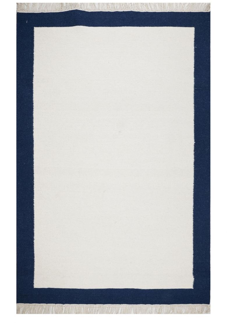 Saffron Rugs Flat Woven Ivory and Navy Blue Geometric Coastal Rectangular Wool Area Rug - Indya