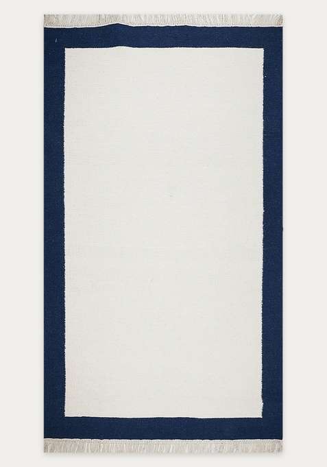100% Wool Handmade Ivory And Navy Blue Rug | Coastal Geometric Flat Weave Reversible Carpet For Living Room
