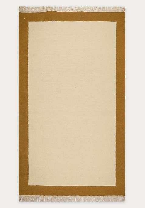 100% Wool Handmade Golden Yellow Beige Rug | Coastal Geometric Flat Weave Reversible Carpet For Living Room