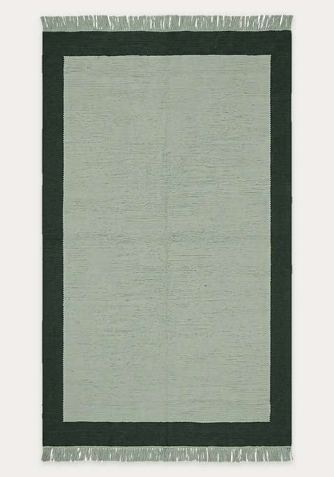 100% Wool Handmade Sage Green Rug | Coastal Geometric Flat Weave Reversible Carpet For Living Room