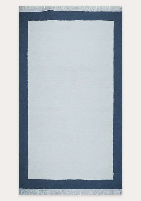 100% Wool Handmade Light Blue Rug | Coastal Geometric Flat Weave Reversible Carpet For Living Room