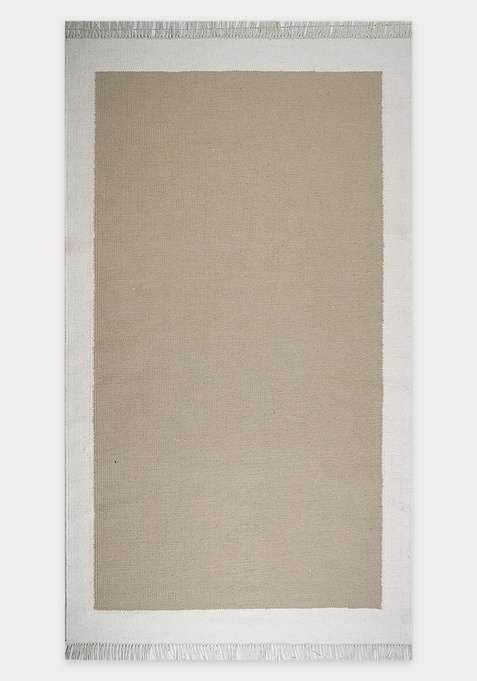 100% Wool Handmade Beige Rug | Bohemian Solid Flat Weave Reversible Carpet For Living Room