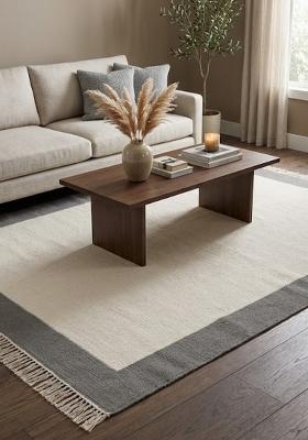 Saffron Rugs Flat Woven Ivory and Grey Geometric Minimalist Rectangular Wool Area Rug