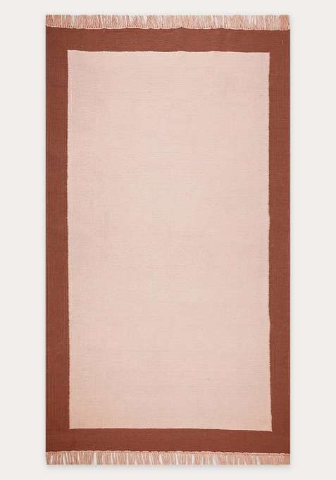 100% Wool Handmade Blush Pink Brown Rug | Minimalist Geometric Flat Weave Reversible Carpet For Living Room