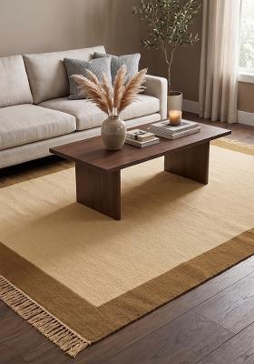 Saffron Rugs Flat Woven Cream Gold Border Geometric Minimalist Rectangular Wool Area Rug