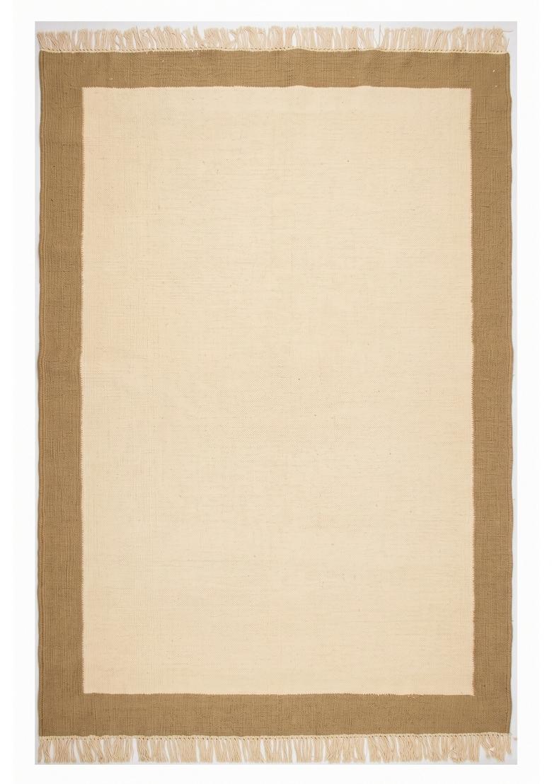 Saffron Rugs Flat Woven Cream Gold Border Geometric Minimalist Rectangular Wool Area Rug - Indya