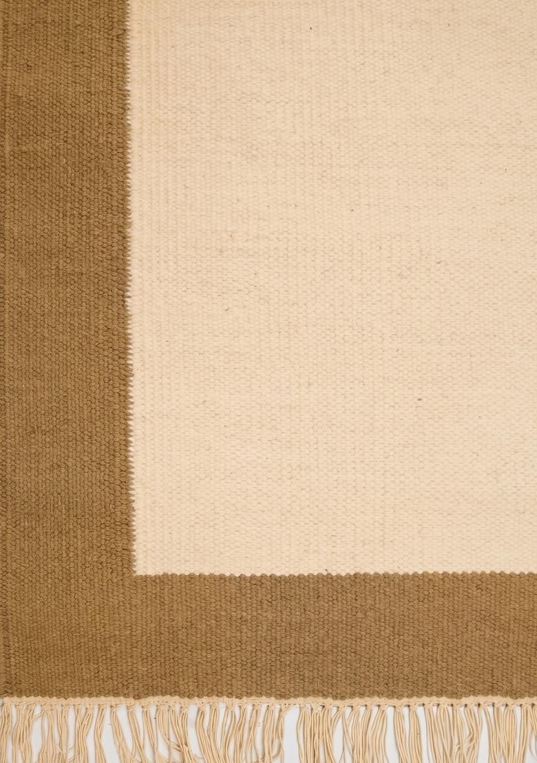 Saffron Rugs Flat Woven Cream Gold Border Geometric Minimalist Rectangular Wool Area Rug - Indya