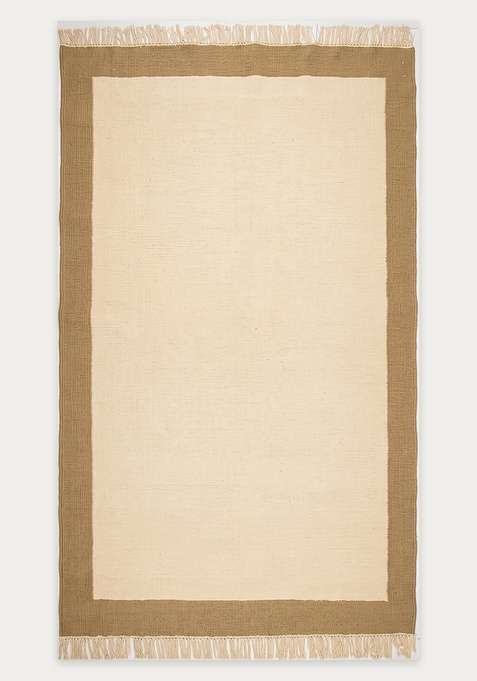100% Wool Handmade Cream Gold Border Rug | Minimalist Geometric Flat Weave Reversible Carpet For Living Room