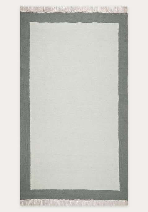 100% Wool Handmade Sage Green Rug | Minimalist Geometric Flat Weave Reversible Carpet For Living Room