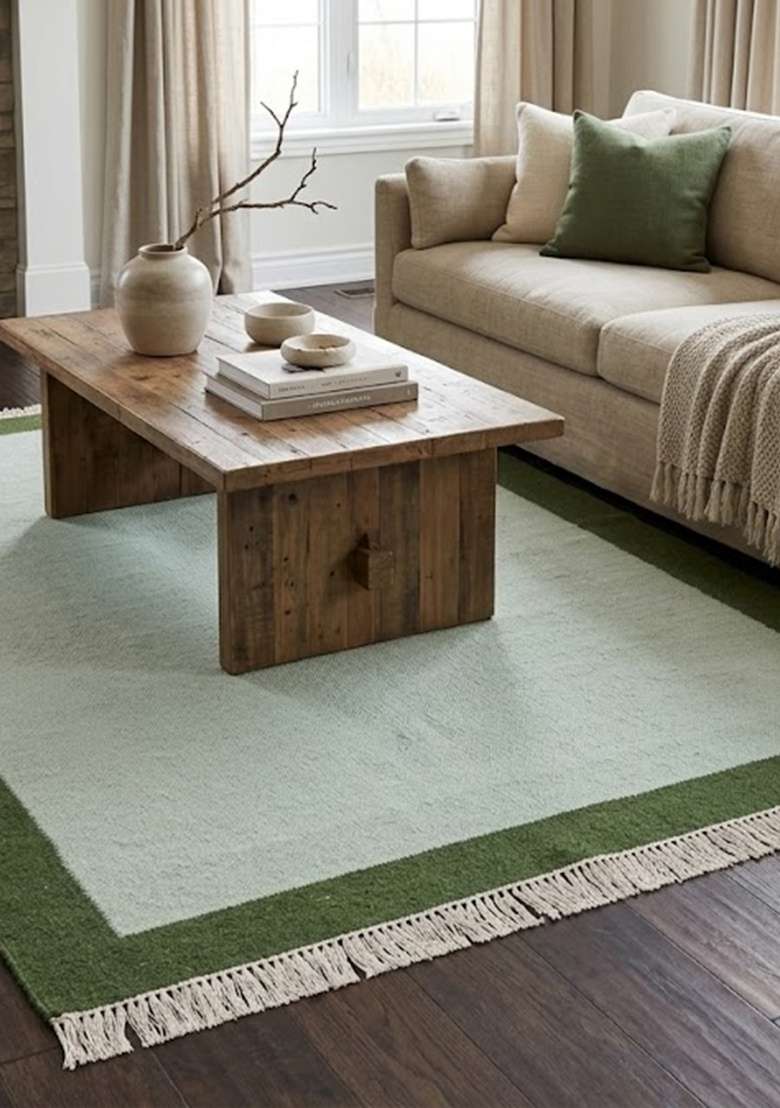 Saffron Rugs Handmade Wool Dhurrie Flat Weave Rectangular Rug – Green Contemporary Geometric Kilim Style Carpet for Living Room - Indya