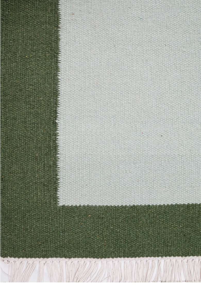 Saffron Rugs Handmade Wool Dhurrie Flat Weave Rectangular Rug – Green Contemporary Geometric Kilim Style Carpet for Living Room - Indya