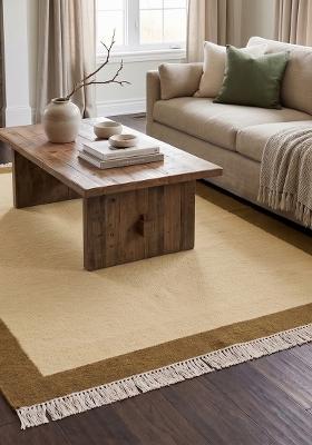 Saffron Rugs Flat Woven Cream and Gold Geometric Contemporary Rectangular Wool Area Rug