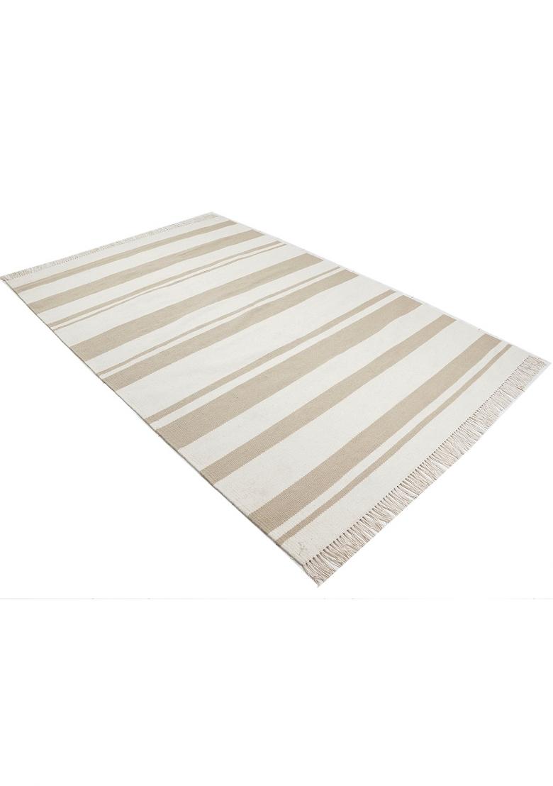 Saffron Rugs Flat Woven Beige White Striped Striped Casual Rectangular Wool Area Rug - Indya