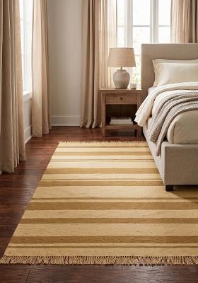 Saffron Rugs Flat Woven Gold and Cream Striped Casual Rectangular Wool Area Rug