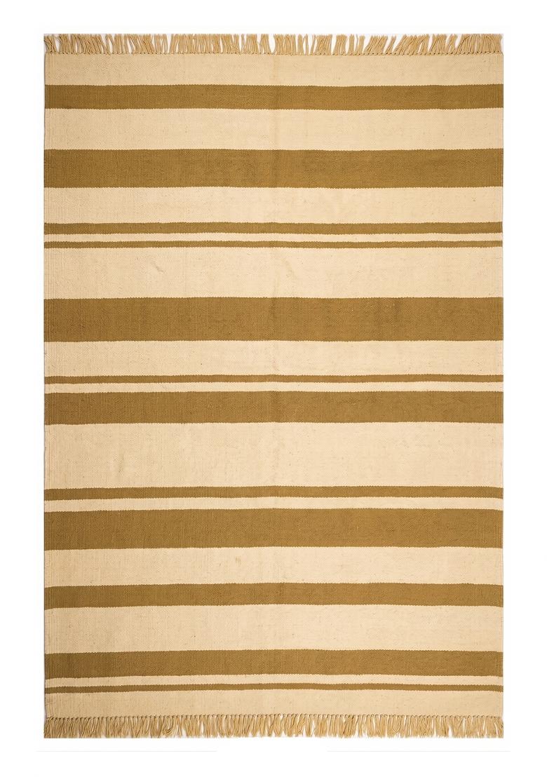 Saffron Rugs Flat Woven Gold and Cream Striped Casual Rectangular Wool Area Rug - Indya