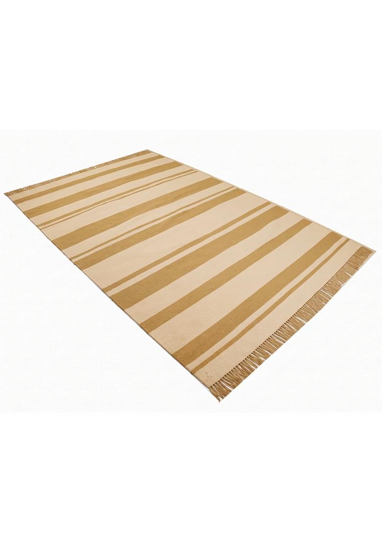 Saffron Rugs Flat Woven Gold and Cream Striped Casual Rectangular Wool Area Rug - Indya
