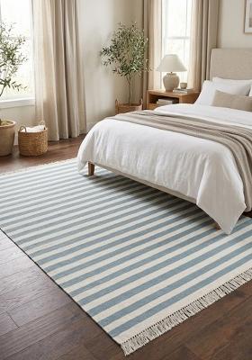 Saffron Rugs Flat Woven Light Blue Striped Coastal Rectangular Wool Area Rug