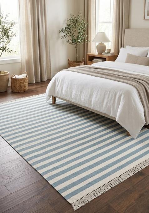 Saffron Rugs Flat Woven Light Blue Striped Coastal Rectangular Wool Area Rug