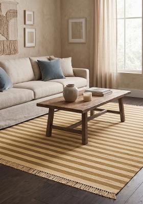 Saffron Rugs Flat Woven Golden Yellow Stripe Striped Coastal Rectangular Wool Area Rug