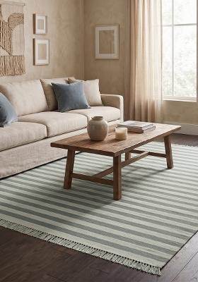 Saffron Rugs Flat Woven Sage Green White Striped Coastal Rectangular Wool Area Rug