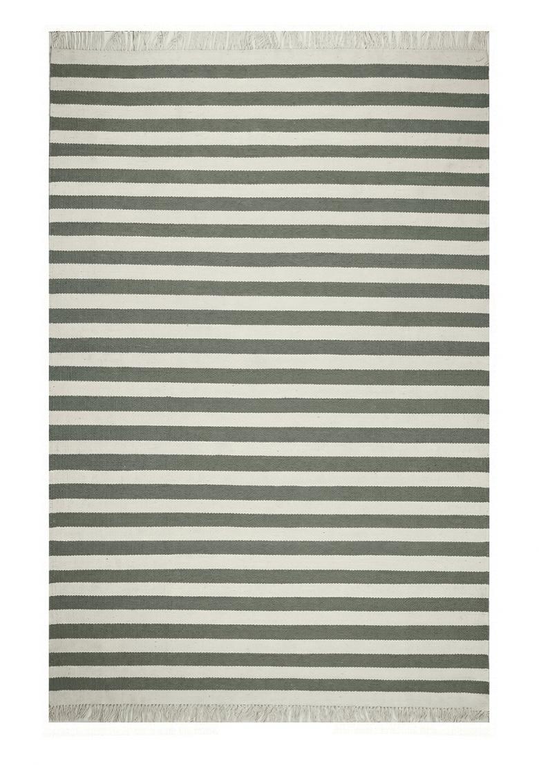 Saffron Rugs Flat Woven Sage Green White Striped Coastal Rectangular Wool Area Rug - Indya