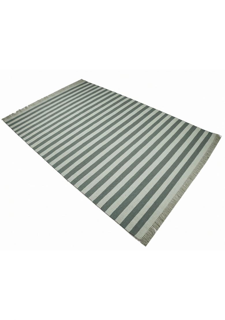 Saffron Rugs Flat Woven Sage Green White Striped Coastal Rectangular Wool Area Rug - Indya