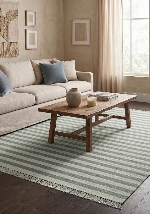 Saffron Rugs Flat Woven Sage Green White Striped Coastal Rectangular Wool Area Rug