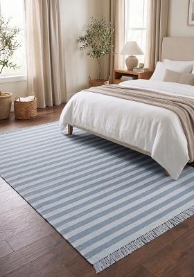 Saffron Rugs Flat Woven Steel Blue Striped Coastal Rectangular Wool Area Rug