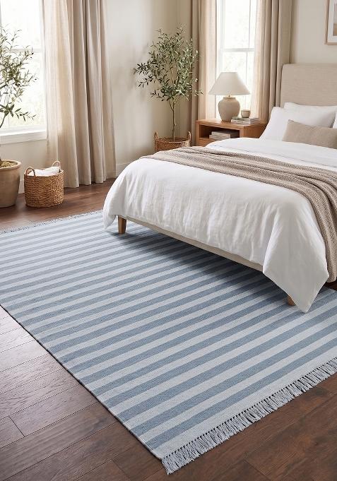 Saffron Rugs Flat Woven Steel Blue Striped Coastal Rectangular Wool Area Rug