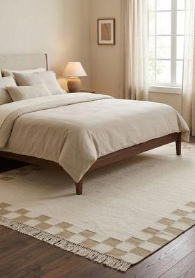 Saffron Rugs Flat Woven Ivory Cream Checkered Contemporary Rectangular Wool Area Rug